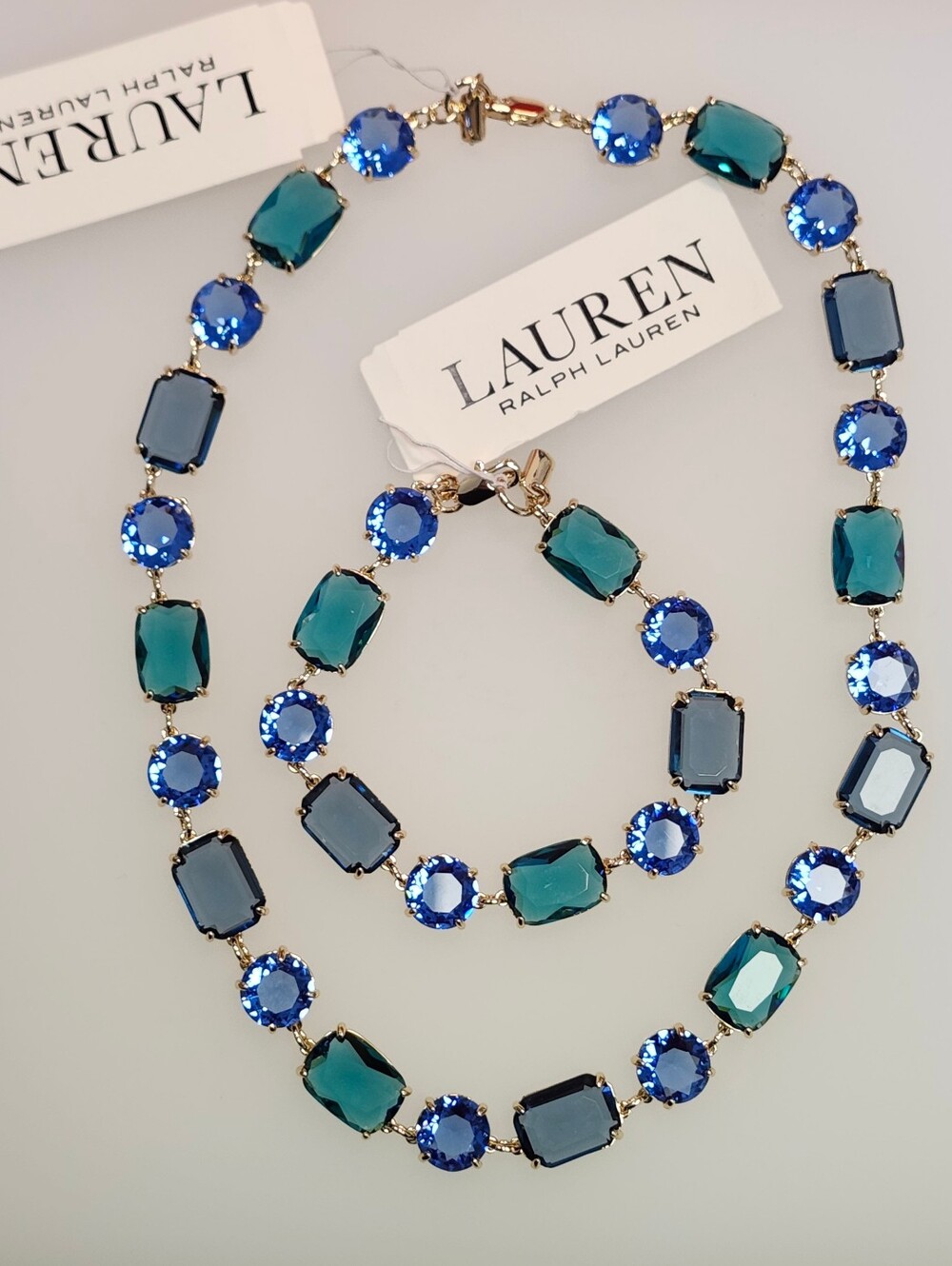 NWT Ralph Lauren Gold Stone Blue All Around Necklace/Bracelet Set